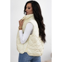 Beige Quilted High Neck Button Up Pocket Vest Coat - L thumbnail