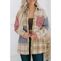 Pink Plaid Color Block Patchwork Shirt Jacket with Pocket - L thumbnail