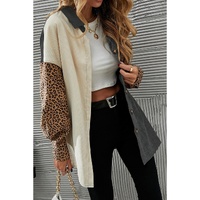 Gray Color Block Leopard Patched Corduroy Shacket - M thumbnail