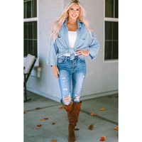 Sky Blue Roll Tab Sleeve Ribbed Cording Shacket - S thumbnail