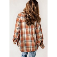 Orange Plaid Pattern Sherpa Lined Hooded Shacket - M thumbnail