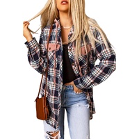 Pink Contrast Hooded Drawstring Plaid Shacket - M thumbnail