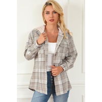Khaki Plaid Removable Hood Buttoned Shacket - L thumbnail
