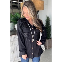 Black Sequin Patch Chest Pocket Corded Shacket - M thumbnail
