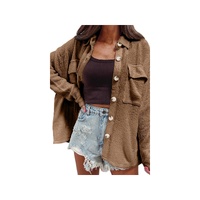 Dark Khaki Solid Color Corduroy Buttoned Long Sleeve Shacket - S thumbnail
