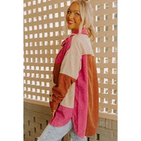 Rose Red Colorblock Curved Hem Corduroy Shacket with Pocket - S thumbnail