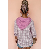 Pink Checkered Print Loose Fit Buttoned Hooded Shacket - L thumbnail