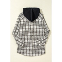 Black Checkered Print Loose Fit Buttoned Hooded Shacket - M thumbnail