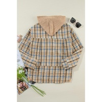 Ashleigh Blue Waffle Knit Patchwork Hooded Plaid Shacket - S thumbnail