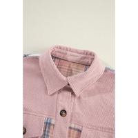 Light Pink Plaid Corduroy Patchwork Chest Pocket Shacket - M thumbnail