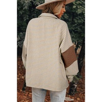 Khaki Houndstooth Color Contrast Textured Patchwork Loose Shacket - L thumbnail