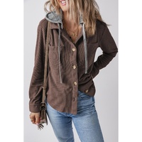 Coffee Hooded Drawstring Pockets Corduroy Shacket - S thumbnail