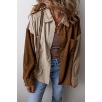 Brown Color Block Chest Pockets Buttoned Corduroy Shacket - L thumbnail