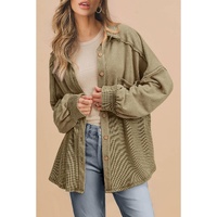 Moss Green Waffle Knit Patchwork Buttoned Oversized Shacket - L thumbnail