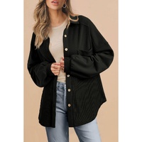 Black Waffle Knit Patchwork Buttoned Oversized Shacket - L thumbnail