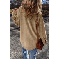 Light French Beige Patched Pocket Button Up Corduroy Shacket - M thumbnail