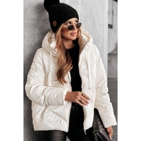 White Solid Quilted Hooded Zip Up Puffer Coat - M thumbnail