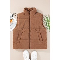 Coffee Corduroy Stand Neck Zipped Puffer Vest - XL thumbnail