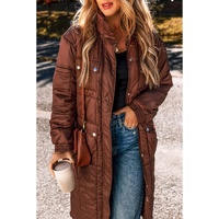 Coffee Quilted Puffer Stand Neck Zipped Mid-length Coat - M thumbnail