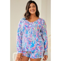 Sky Blue Plus Size Floral Print Long Sleeve and Shorts Lounge Outfit - 1X thumbnail