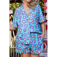 Sky Blue Cute Flower Print Contrast Trim Plus Size Short PJ Set - 2X thumbnail