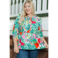 Multicolor Floral Tie Split Neck Plus Size Peplum Blouse - 2X thumbnail