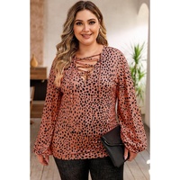 Leopard Plus Size Puff Sleeve V Neck Lace-up Slim Top - 1X thumbnail