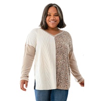Gray Plus Size Leopard Patchwork Mix Knit Long Sleeve Top - 1X thumbnail