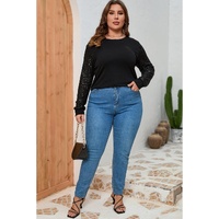 Black Sequin Contrast Long Sleeve Plus Size Top - 3X thumbnail