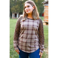 Chestnut Plus Size Leopard Raglan Sleeve Plaid Top - 1X thumbnail