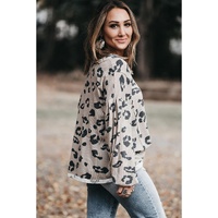 Gray Printed Leopard Balloon Sleeve Thermal Knit Plus Size Top - 1X thumbnail