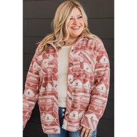 Pink Plus Size Aztec Print Chest Pocket Shacket - 1X thumbnail