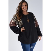 Black Leopard Sequin Patch Plus Size Long Sleeve Top - 1X thumbnail