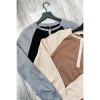 Black Color Contrast Waffle Knit Buttoned Plus Size Top - 2X thumbnail