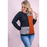 Black Orange Colorblock Leopard Patchwork Waffle Knit Plus Size Top - 1X thumbnail