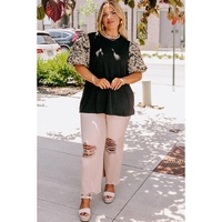 Black Daisy Printed Short Bubble Sleeve Plus Size Tunic Top - 1X thumbnail