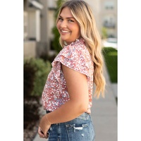 Pink Plus Size Floral Print Ruffled Sleeve Frilled Neck Blouse - 1X thumbnail