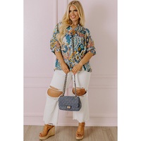 Multicolour Plus Size Floral Print Half Sleeve Slit Neck Blouse - 1X thumbnail