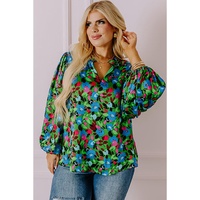 Green Plus Size Floral Bubble Sleeve V Neck Blouse - 1X thumbnail