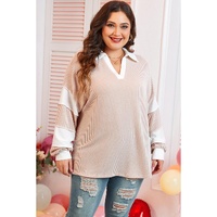 Parchment Corded Colorblock Long Sleeve Slit V Neck Plus Top - 1X thumbnail