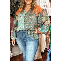 Green Floral Patchwork Lantern Sleeve Buttoned V Neck Plus Size Blouse - 1X thumbnail