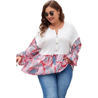 Apricot Plus Size Printed Patchwork Textured Buttoned Blouse - 1X thumbnail
