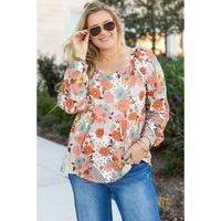 Khaki Plus Size Flower Print Square Neck Peplum Blouse - 1X thumbnail