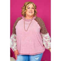 Pink Checkered Paisley Patchwork Raglan Sleeve Seamed Plus Size Top - 1X thumbnail
