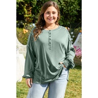 Seagrass Plus Size Exposed Seam Drop Shoulder Henley Top - 1X thumbnail