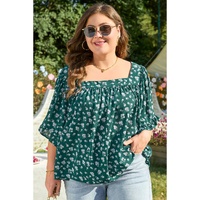 Green Floral Print Square Neck Ruffled Trim Plus Size Blouse - 2X thumbnail