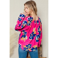 Rose Floral Pattern V Neck Balloon Sleeve Plus Size Blouse - 2X thumbnail