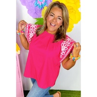 Strawberry Pink Floral Embroidered Flutter Sleeve Pleated O Neck Plus Size Blouse - 4X thumbnail