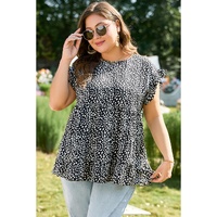 Black Leopard Print Ruffled Short Sleeve Keyhole Back Tiered Flowy Plus Size Blouse - 4X thumbnail