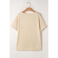 Beige Lace Crochet Patched Cable Textured Cuffed Short Sleeve Plus Size Top - 2X thumbnail